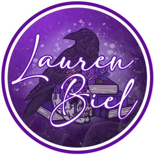 Lauren Biel logo with author name over a black raven perched on books